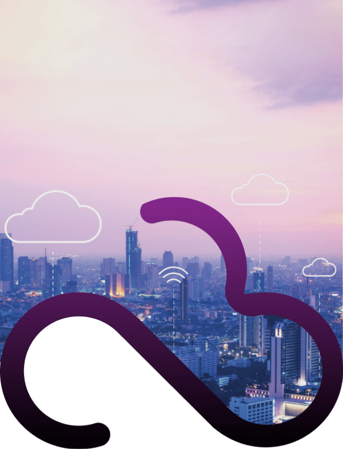 City skyline graphic with cloudhop logo
